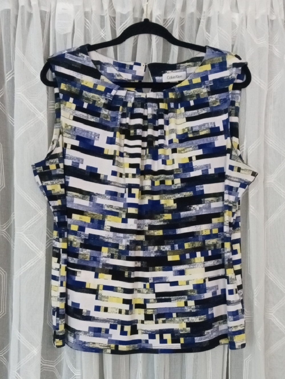Calvin Klein Abstract Block Print Sleeveless Top - Blue, White, Yellow Size 1X
